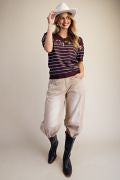EASEL ET19171 CHOCOLATE BROWN EMBROIDERY FRONT STRIPED KNITTED SWEATER