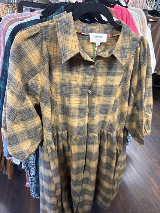 UMGEE K8971 PLAID BUTTON DOWN PUFF SLEEVE DRESS