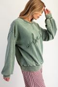 EASEL ET27372 JUNIPER GREEN LOVE EMBO MONKEY WASHED TERRY PULLOVER