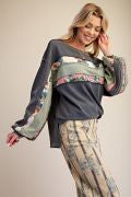 EASEL ET30135 ASH NAVY PRINT MIX WASHED TERRY PULLOVER