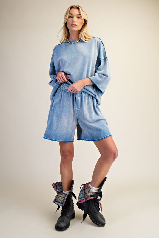 ET28892-3/4 Slvs Denim Monkey Washer Terry Knit Top