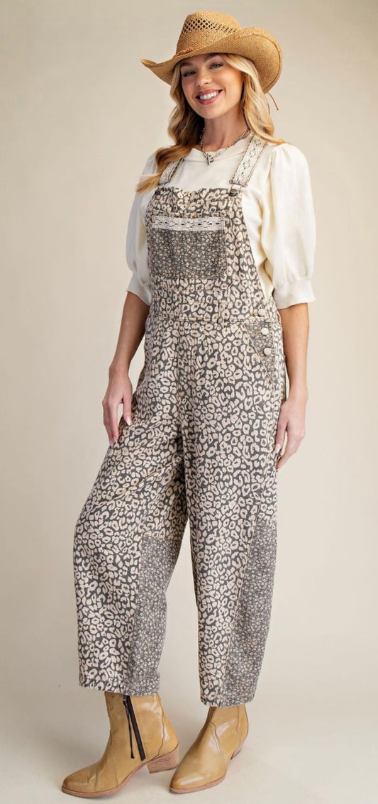EASEL EB58049 Grey Leopard Print Washed Twill Overall
