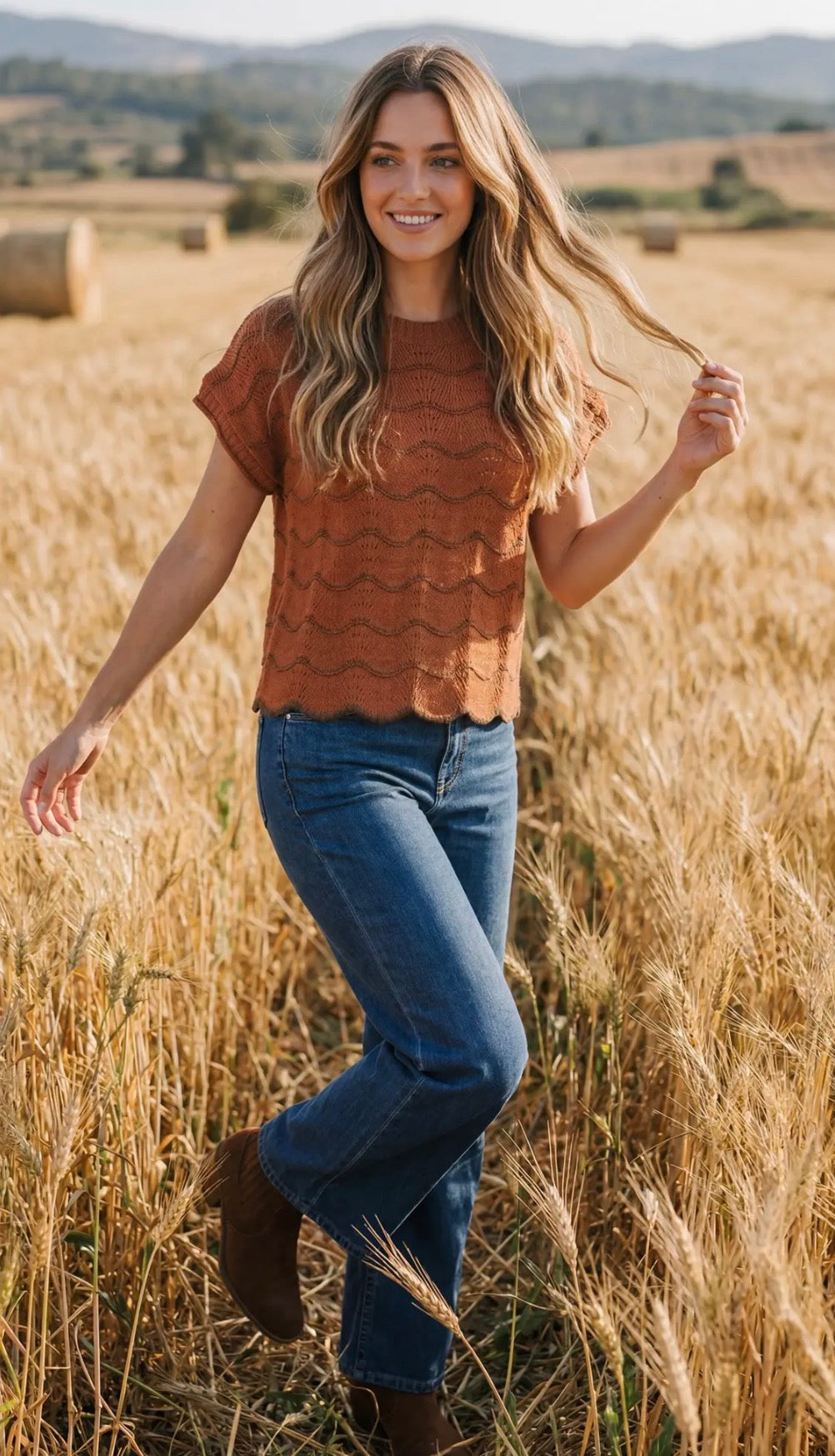She + Sky Rust Drop Short Sleeve Scallop Striped Pattern Knit Sweater Top SY9319R2