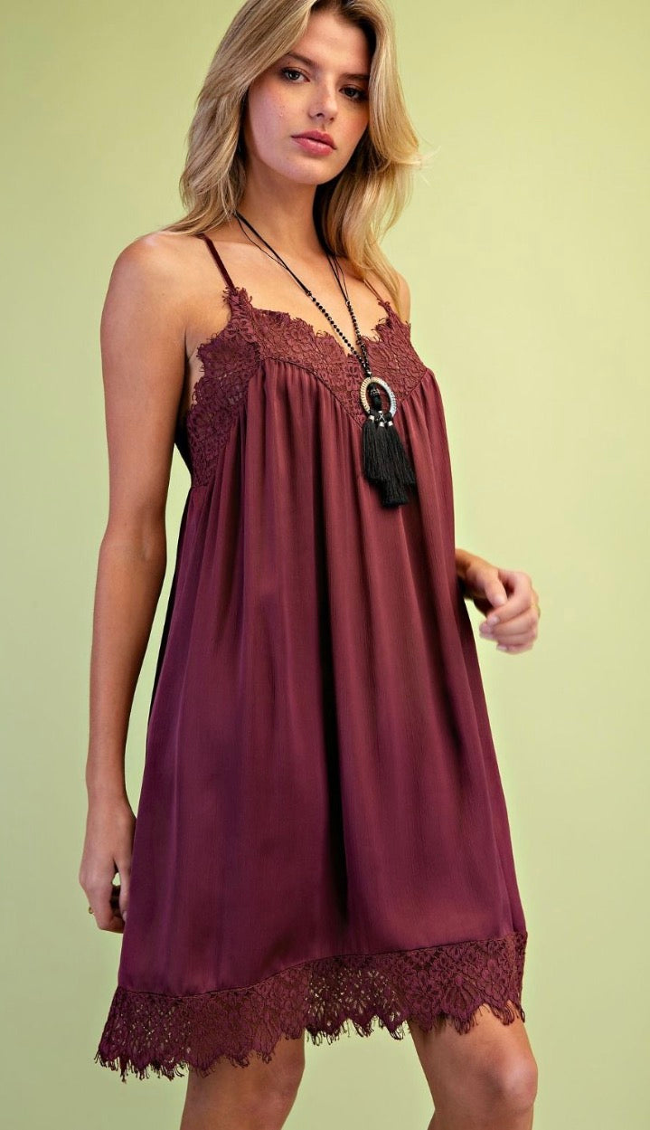 Easel SD300132 MULBERRY LACE HEM CAMI SATIN SLIP DRESS