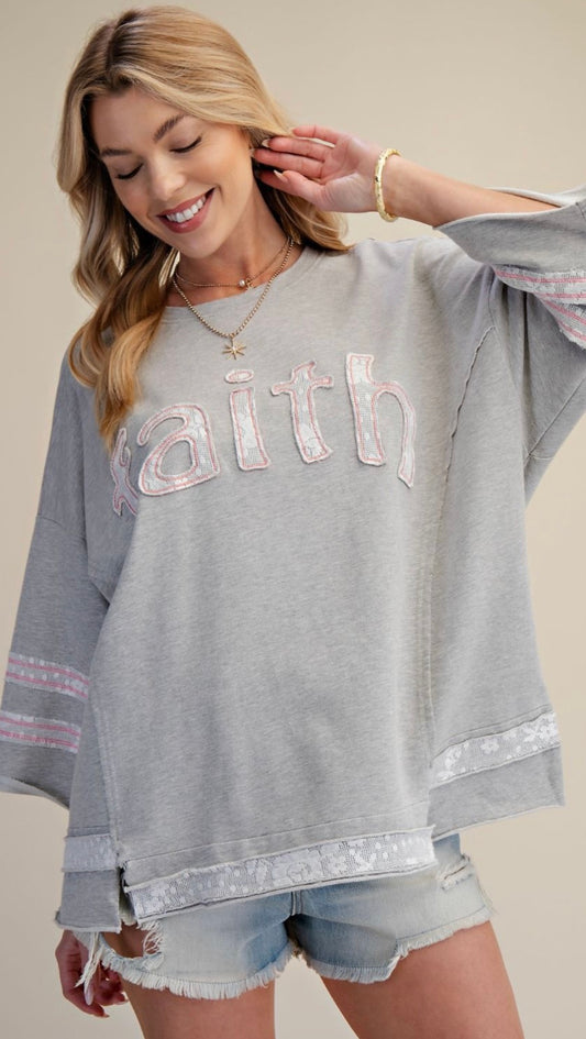 EASEL ET71972 Heather Grey 3/4 Slvs Faith Patch Front