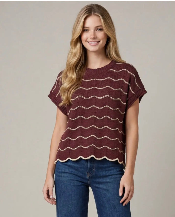 She + Sky Wine Drop Short Sleeve Scallop Striped Pattern Knit Sweater Top SY9319R2