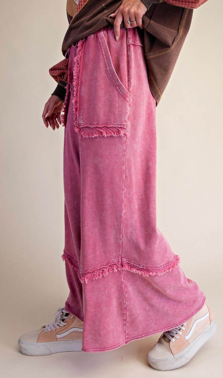 Easel EB58326X RASPBERRY SELF FRAY DETAILING WASHED TERRY PANTS