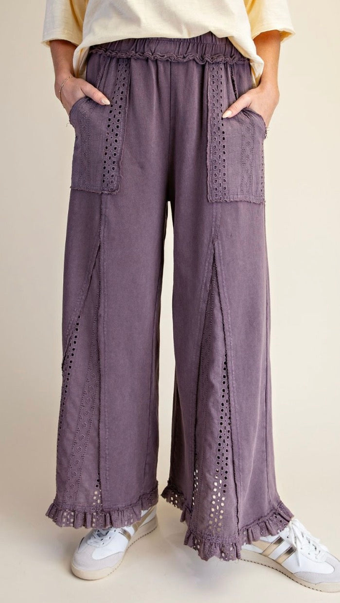Easel EB58144 EGGPLANT LACE MIX MINERAL WASHED TERRY WIDE PANTS