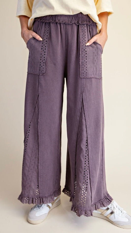 Easel EB58144 EGGPLANT LACE MIX MINERAL WASHED TERRY WIDE PANTS