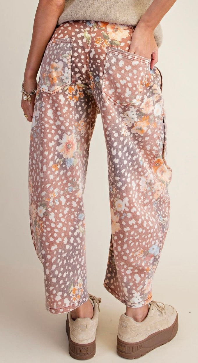 Easel EB58342X BAMBI ANIMAL FLORAL PRINT WASHED TWILL BARREL PANTS