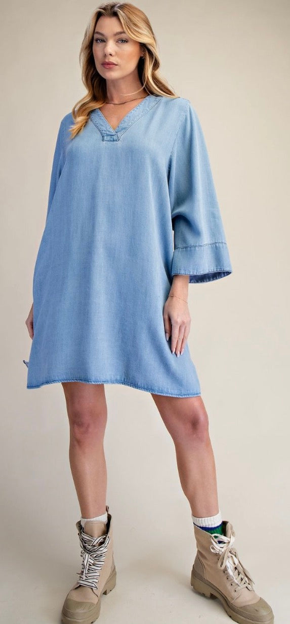 EASEL ED29918 LT DENIM 3/4 SLEEVES WASHED DENIM DRESS