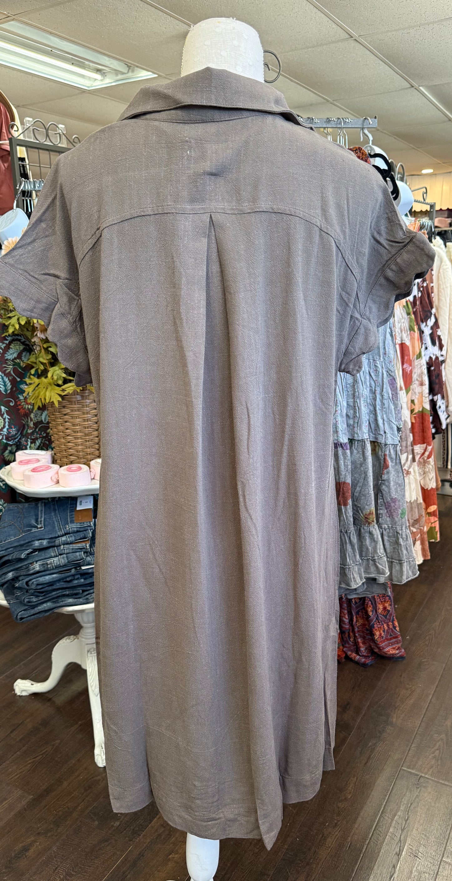 Umgee WC5611 Espresso Linen Scallop Sleeve Button-Down Dress