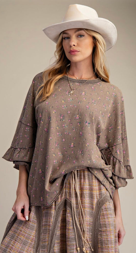 EASEL ET29268 Ash Mocha Fuffle SLVS Printed Cotton Top