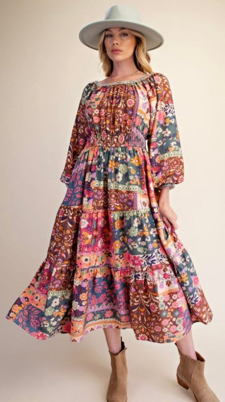 Easel ED30351 Pink Brown PATCH PRINTED RAYON NYLON WOVEN DRESS