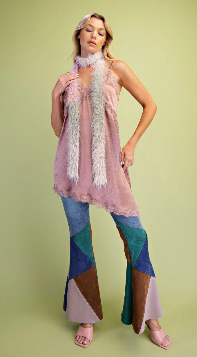 Easel SD300118 MAUVE LACE HEM SHINY SLIP DRESS