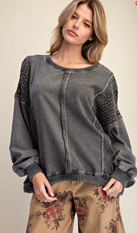 Easel ET19097 CROCHET MIX WASHED TERRY KNIT PULLOVER