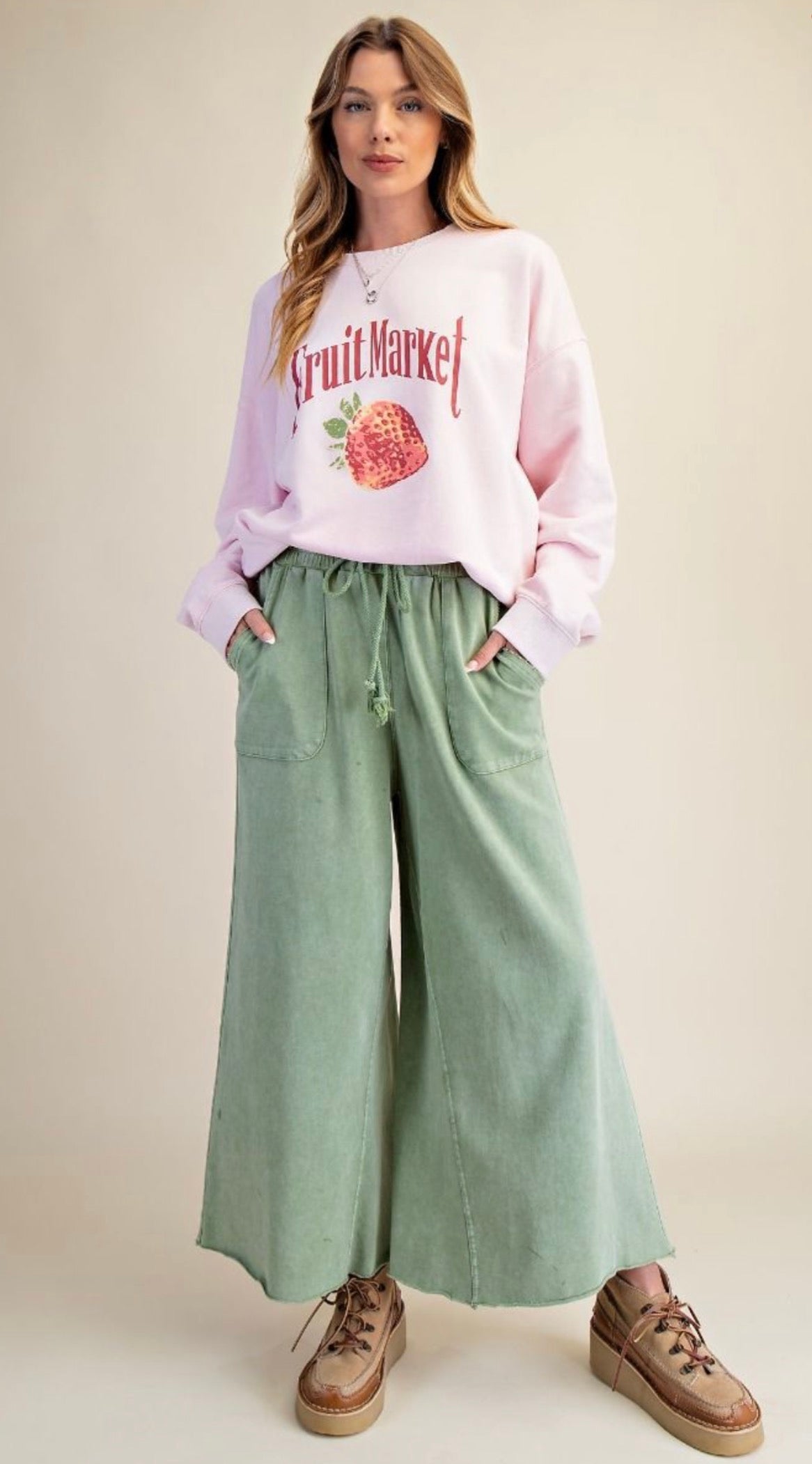 EASEL EB40128 Juniper Green Washed Terry Knit Wide Pants