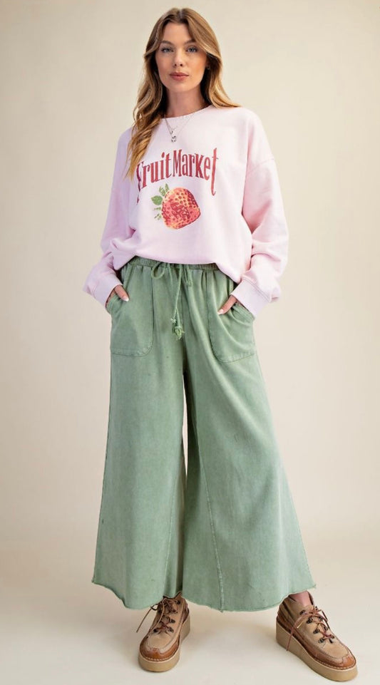 EASEL EB40128 Juniper Green Washed Terry Knit Wide Pants