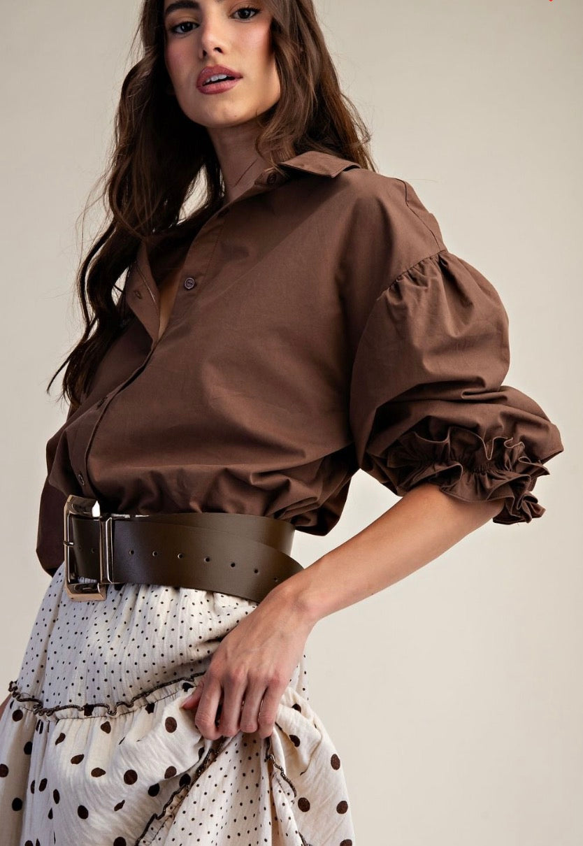 Easel ET19050 BROWN 3/4 SLEEVES BUTTON DOWN POPLIN SHIRT BLOUSES