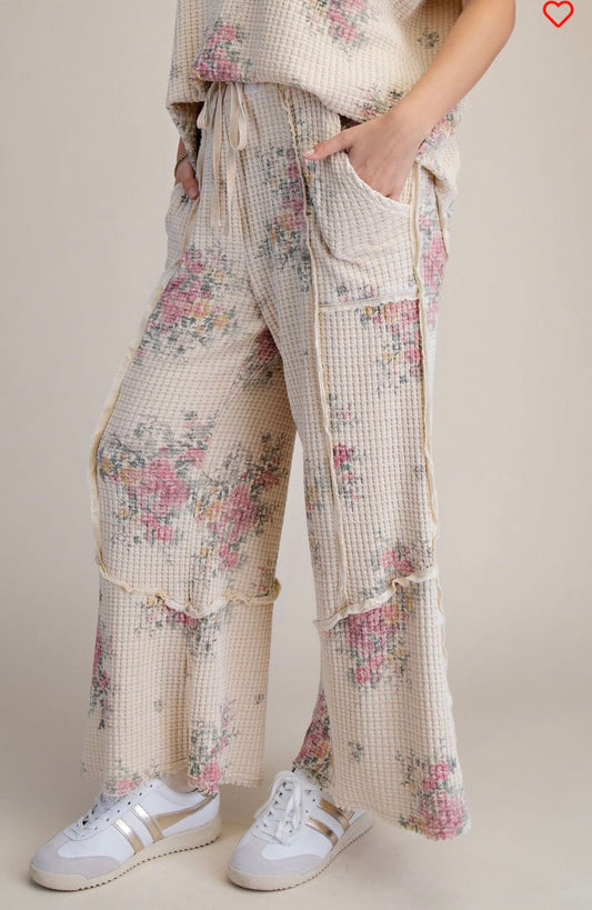 EB90221-Natural Floral Print Mineral Washed Waffle Knit Pants