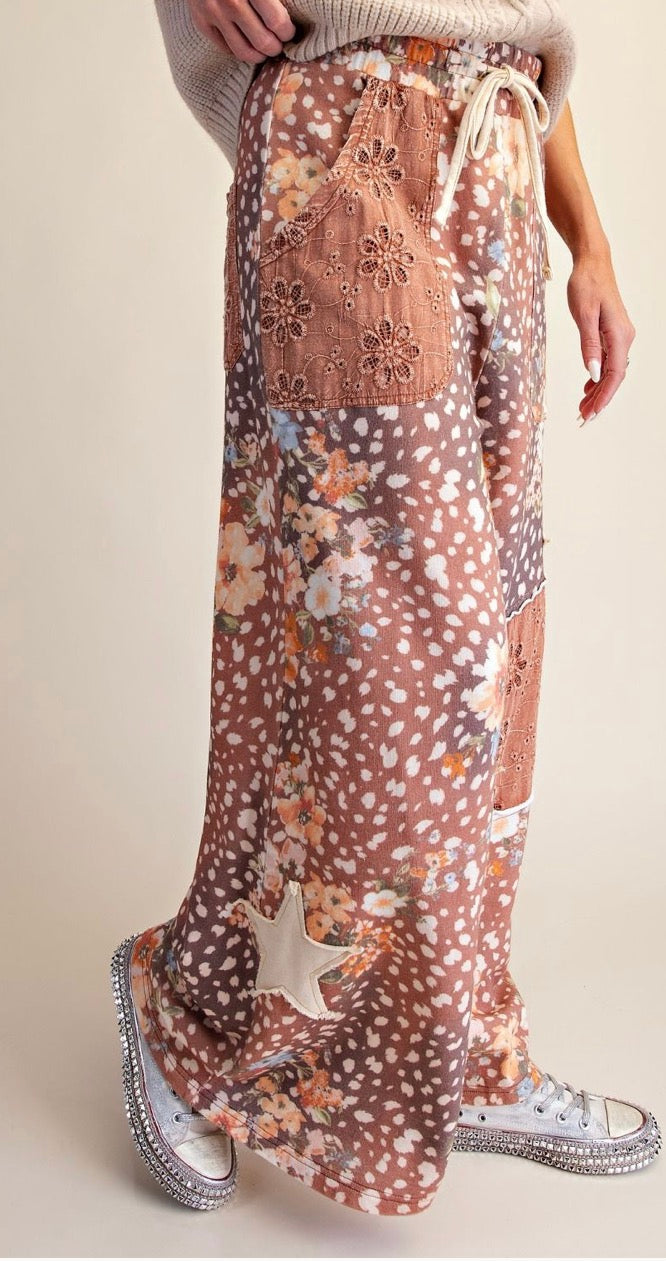 Easel EB58345 BAMBI DEER PRINT FLORAL WASHED TERRY KNIT PANTS