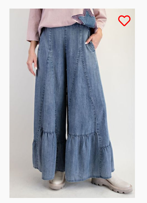 Easel-EB90154-Ruffle Bottom Hem Washed-Washed Denim