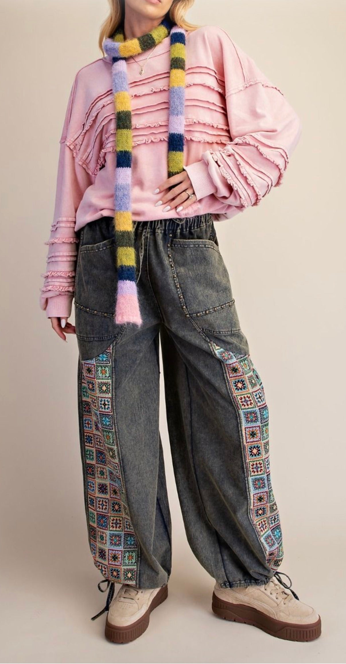 EASEL EB58218 DIRTY DENIM JACQUARD PRINT MIX WASHED TWILL PANTS