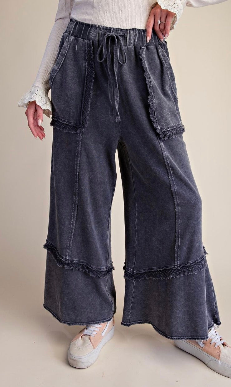 Easel EB58326 ASH SELF FRAY DETAILING WASHED TERRY PANTS