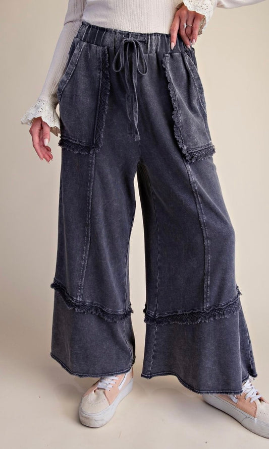 Easel EB58326 ASH SELF FRAY DETAILING WASHED TERRY PANTS