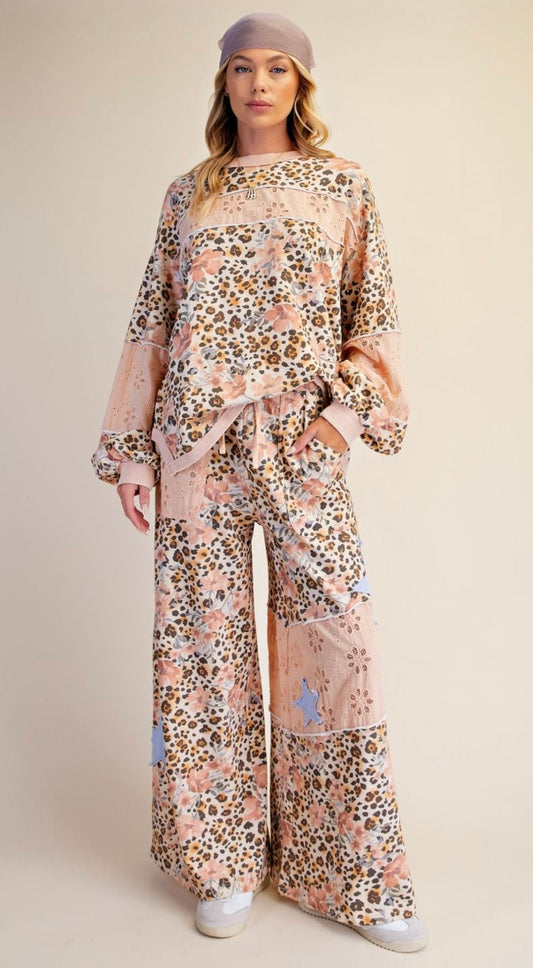 Easel EB58345 ANIMAL FLORAL WASHED TERRY KNIT PANTS
