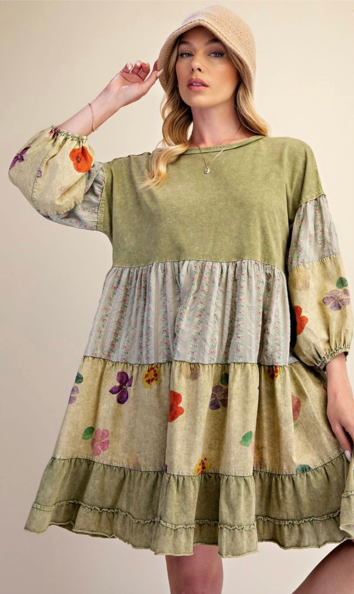 EASEL ED29897 GREEN TEA PRINT MIX TIERED WASHED DRESS