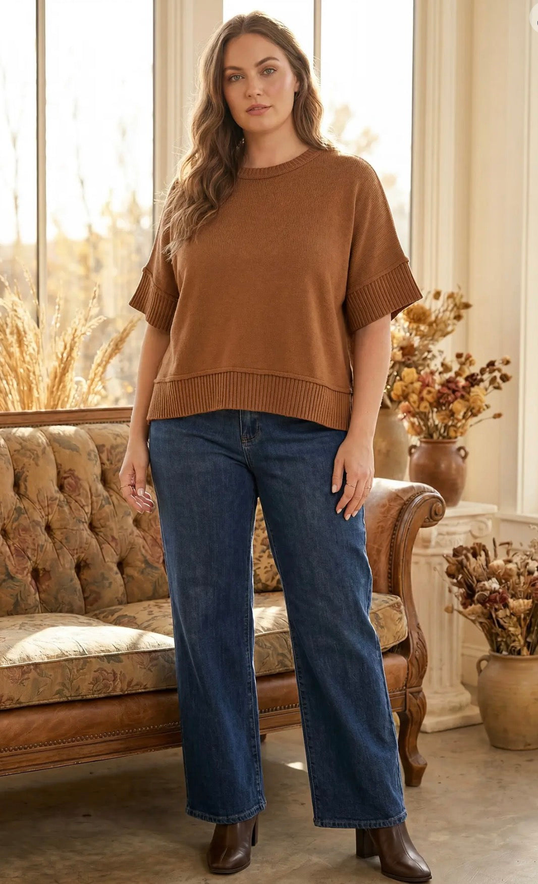 She + Sky Caramel Drop Half Sleeve Crew Neck Sweater Top