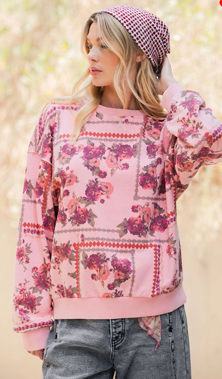 Easel ET72119X Coral PLUS SIZE-SIGNATURE PRINT WASHED TERRY PULLOVER