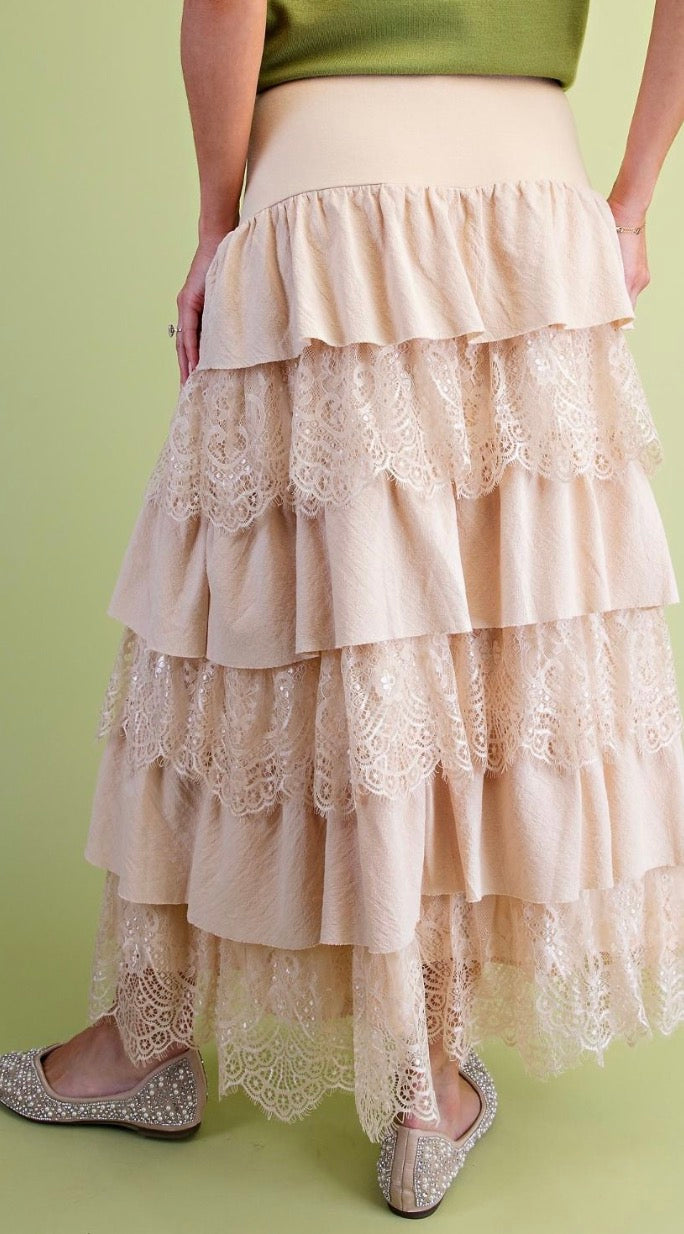 Easel SB400008 NATURAL LACE TIERED MAXI WOVEN SKIRT