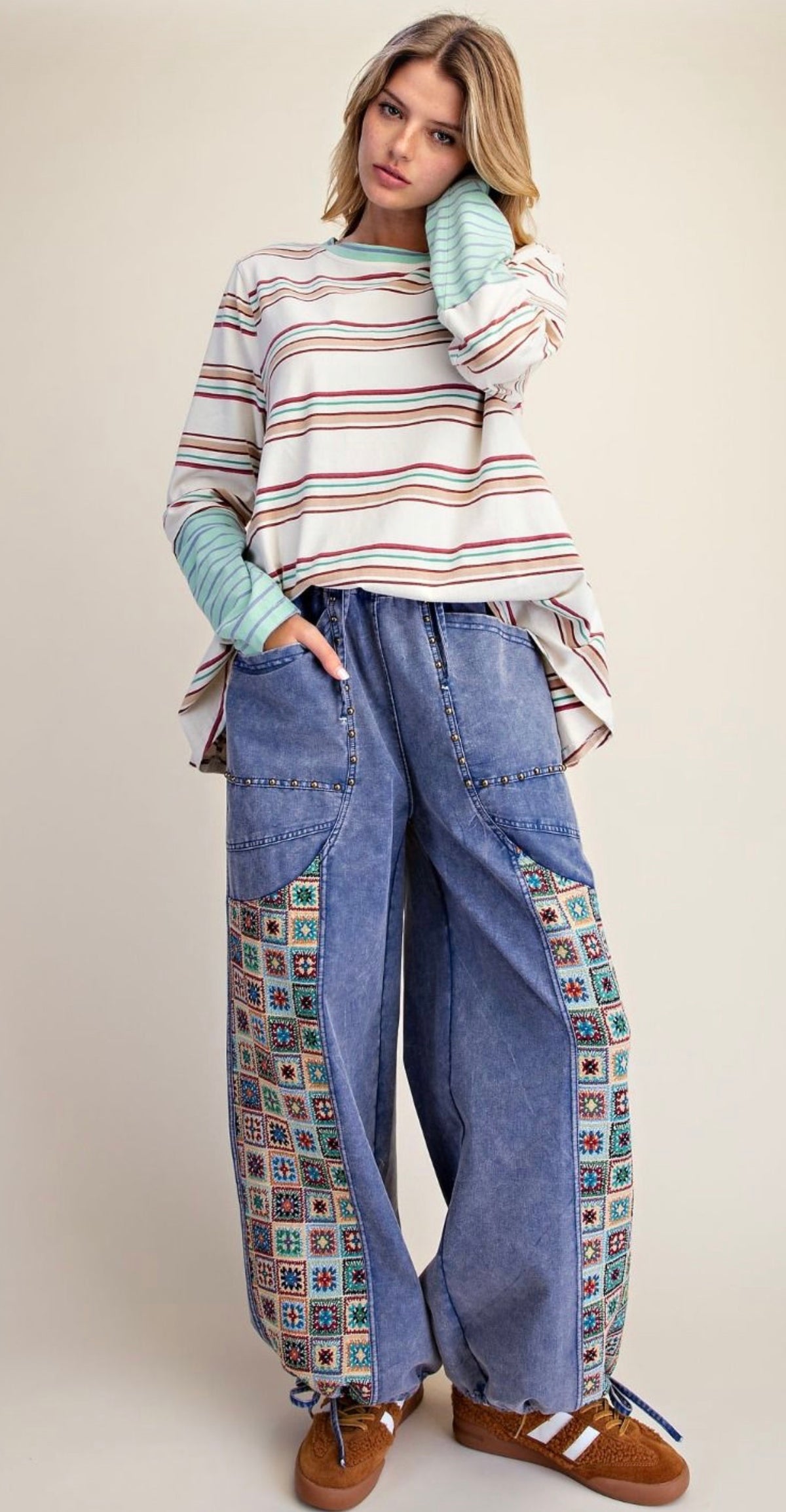 EASEL EB58218 WASHED DENIM JACQUARD PRINT MIX WASHED TWILL PANTS