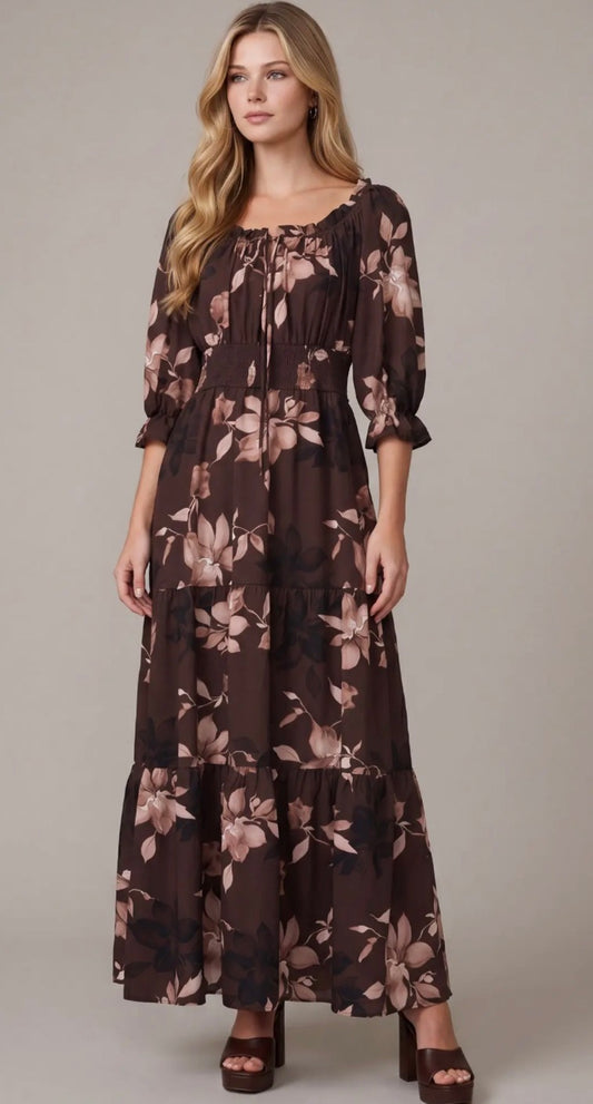 She + Sky Brown 3/4 SLEEVE WAIST SMOCKING TIERED WOVEN FLORAL PRINT MAXI DRESS WITH POCKETS ST2006