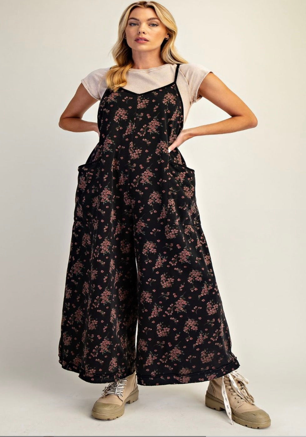 EASEL EB57899 Floral print Mineral Wash Jumpsuit
