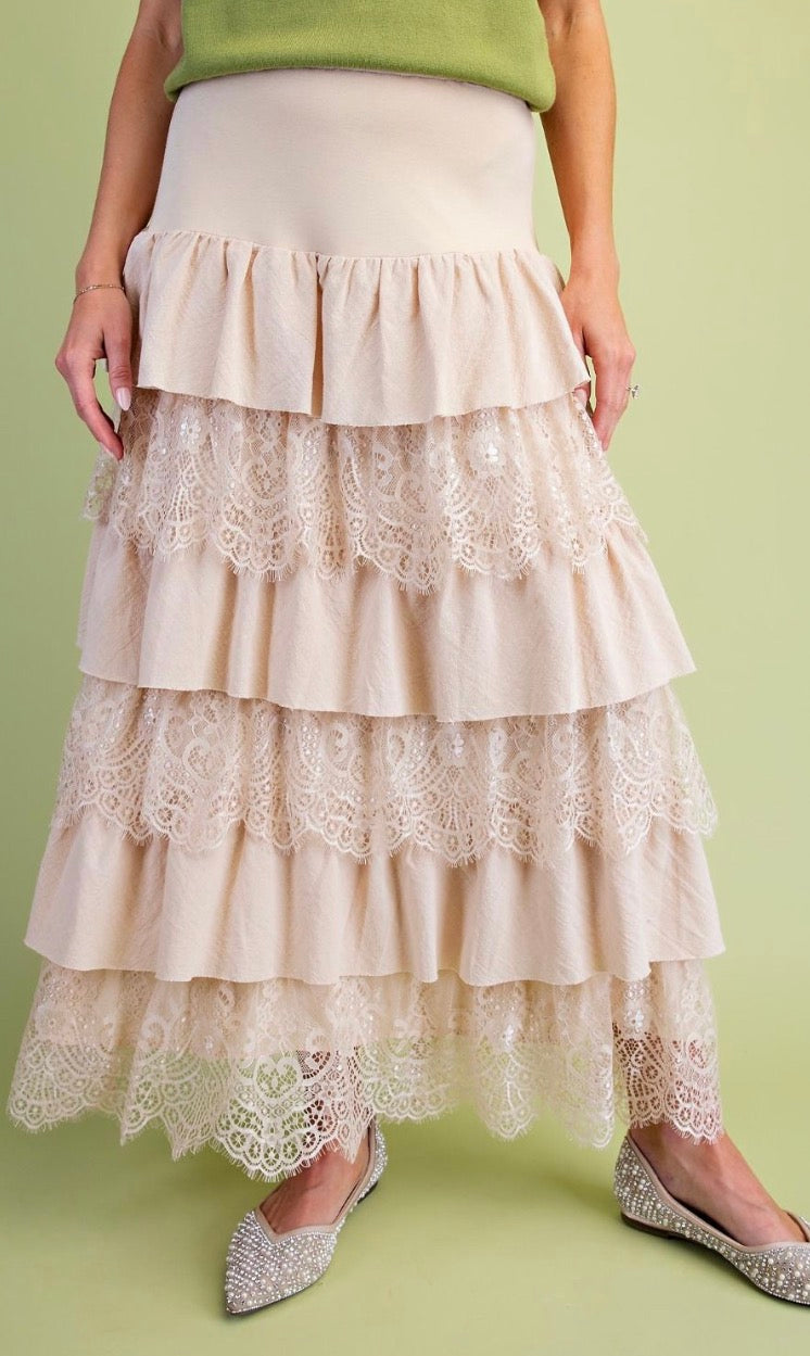 Easel SB400008 NATURAL LACE TIERED MAXI WOVEN SKIRT