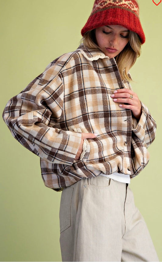 Easel ST100296 Mocha Latte PLAID WOOL BUBBLE HEM JACKET