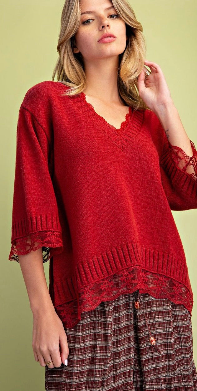 Easel ST200062 BURGUNDY SHORT SLEEVE LACE INSET V-NECK SWEATER