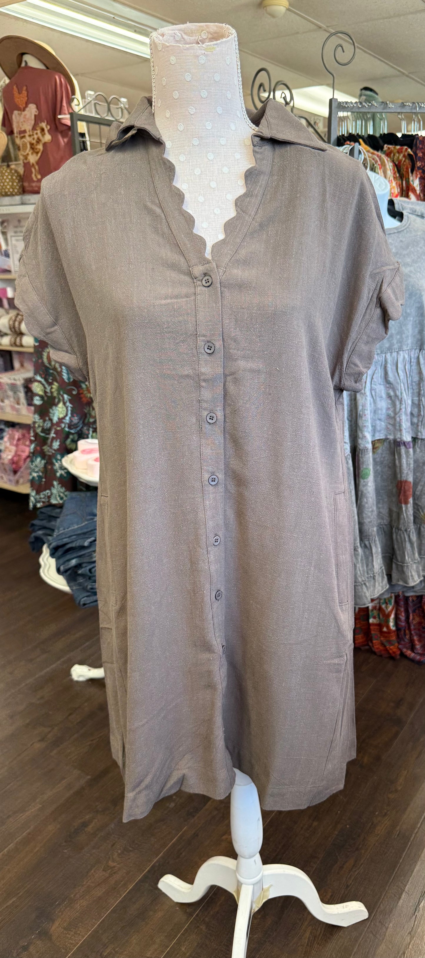 Umgee WC5611 Espresso Linen Scallop Sleeve Button-Down Dress
