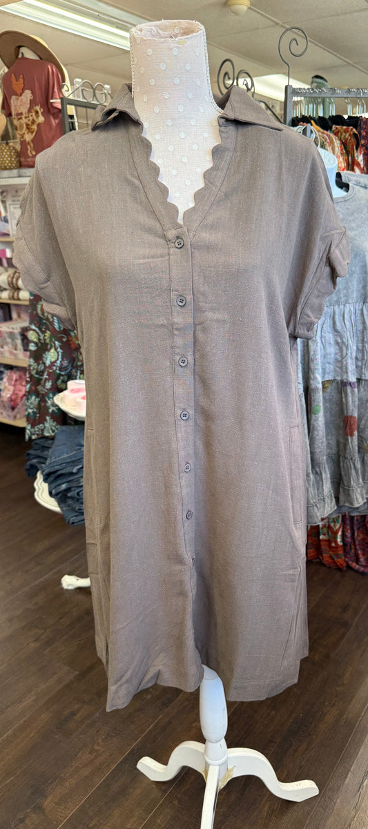 Umgee WC5611 Espresso Linen Scallop Sleeve Button-Down Dress