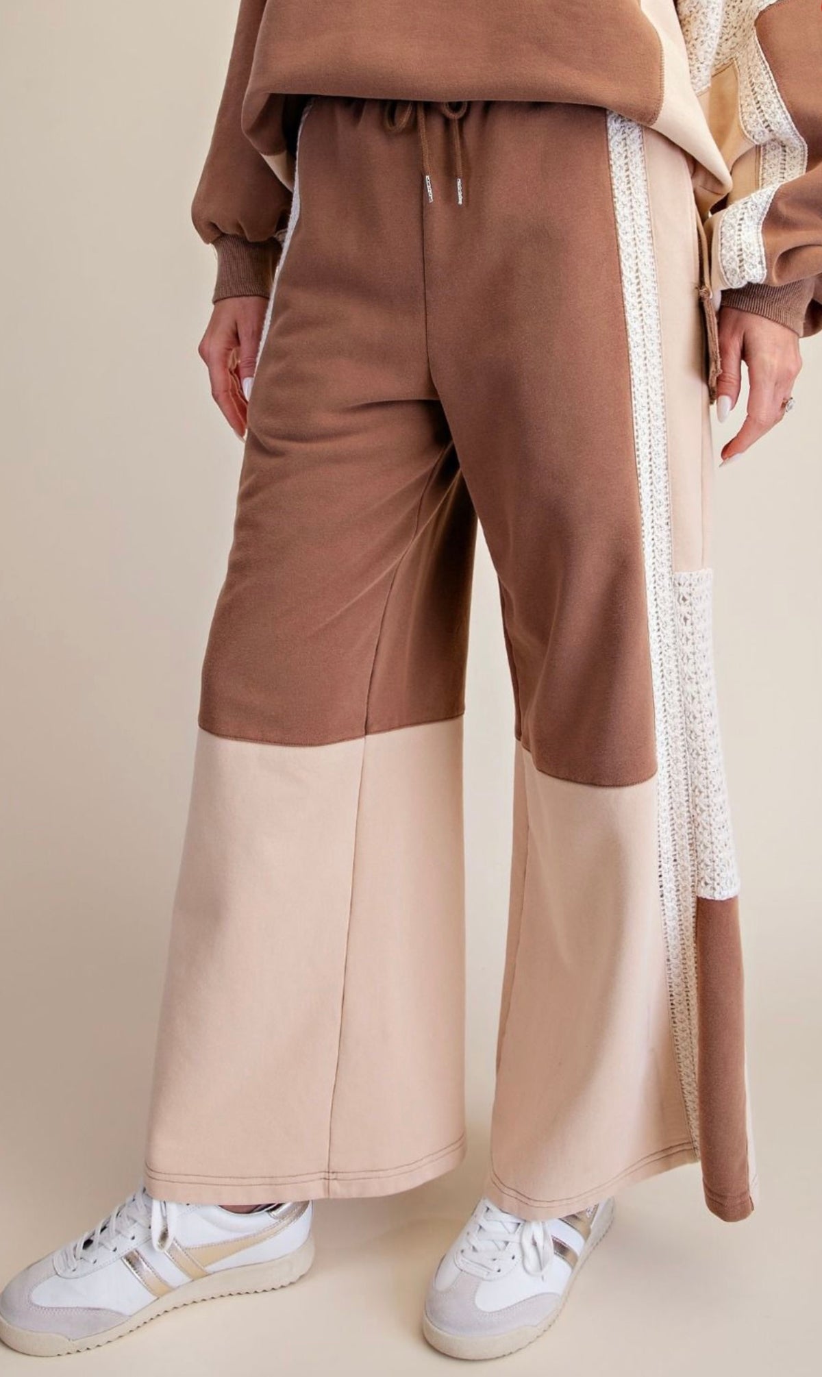 EASEL EB90272 MOCHA CROCHET MIX TERRY KNIT PANTS