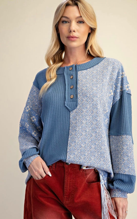 Easel ET71571 Blue PRINT MIX HENLEY TOP