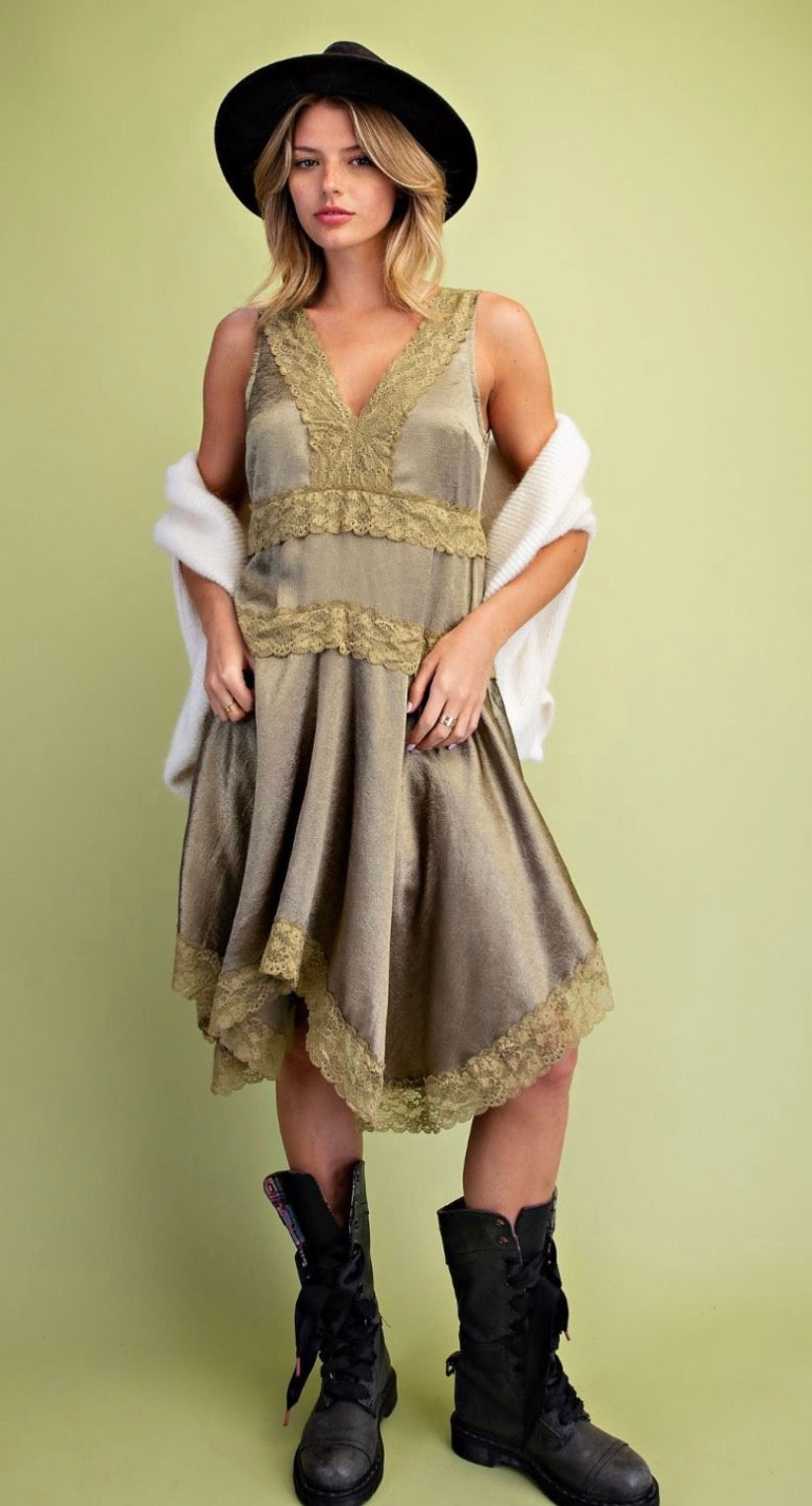 EASEL SD300317 OLIVE SATIN LACE TRIM CAMI WOVEN DRESS