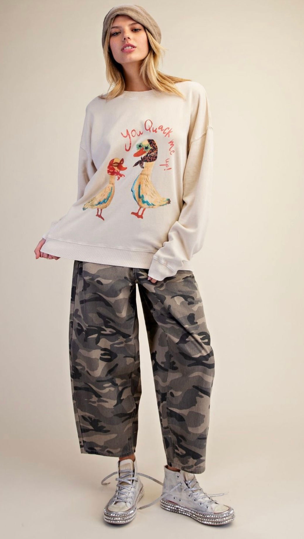 Easel ET30426 ECRU GRAPHIC FRONT WASHED TERRY PULLOVER
