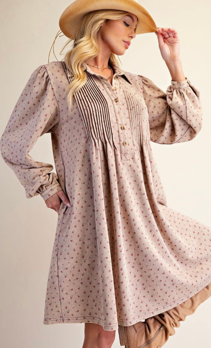 Easel ED30111 KHAKI FLORAL PRINTED WASHED TERRY DRESS