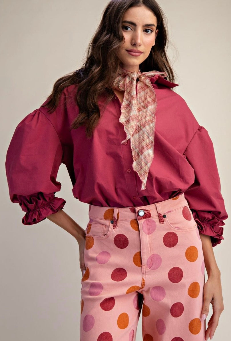 Easel ET19050 BERRY 3/4 SLEEVES BUTTON DOWN POPLIN SHIRT BLOUSES
