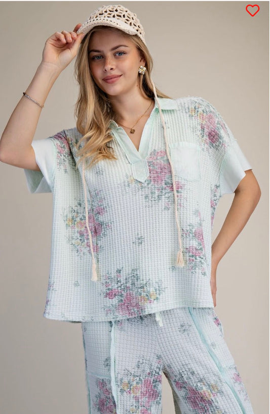 ET71903-Mint Short Slvs Floral Print Mineral Washed Top