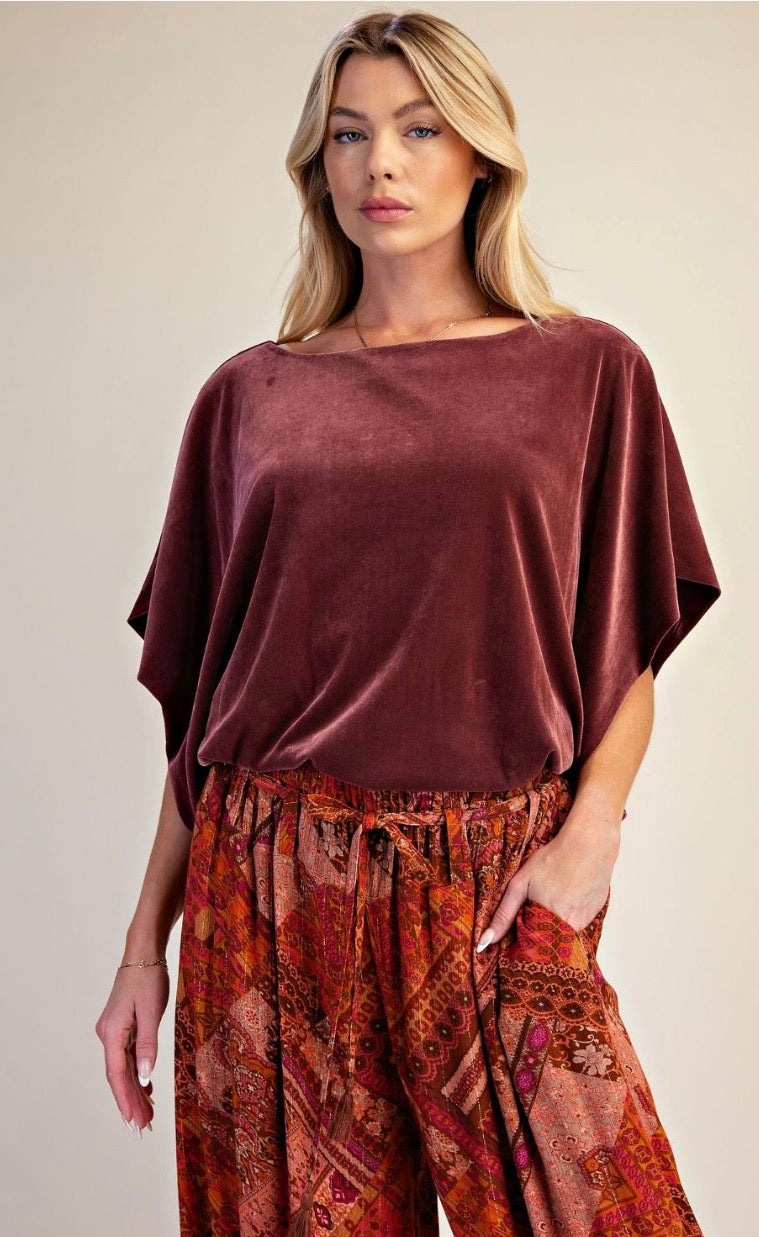 Easel ET30300 Wine DOLMAN SLVS BURNOUT VELVET TOP